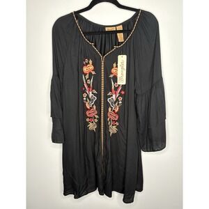 Wrangler Womens XL Embroidered Floral Dress Tiered Long Bell Sleeves Boho